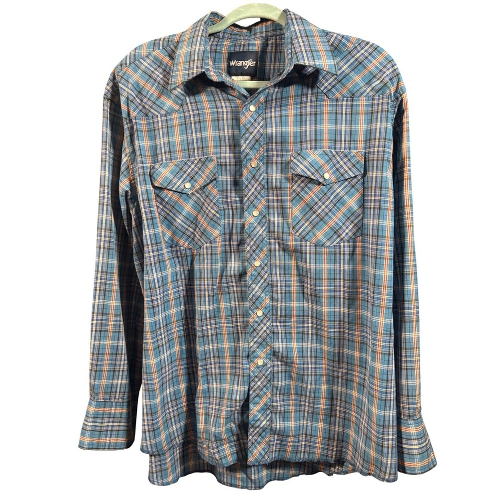 Vintage Wrangler Blue Plaid Western Pearl Snap Shirt size L